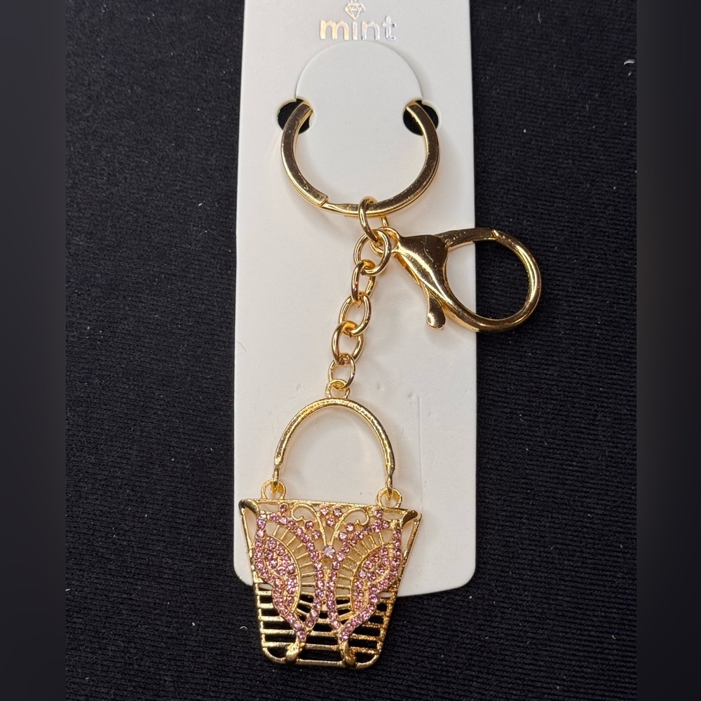 BAG CHARM Mint Gold and Pink Crystal Butterfly Tote Bag Purse Keychain